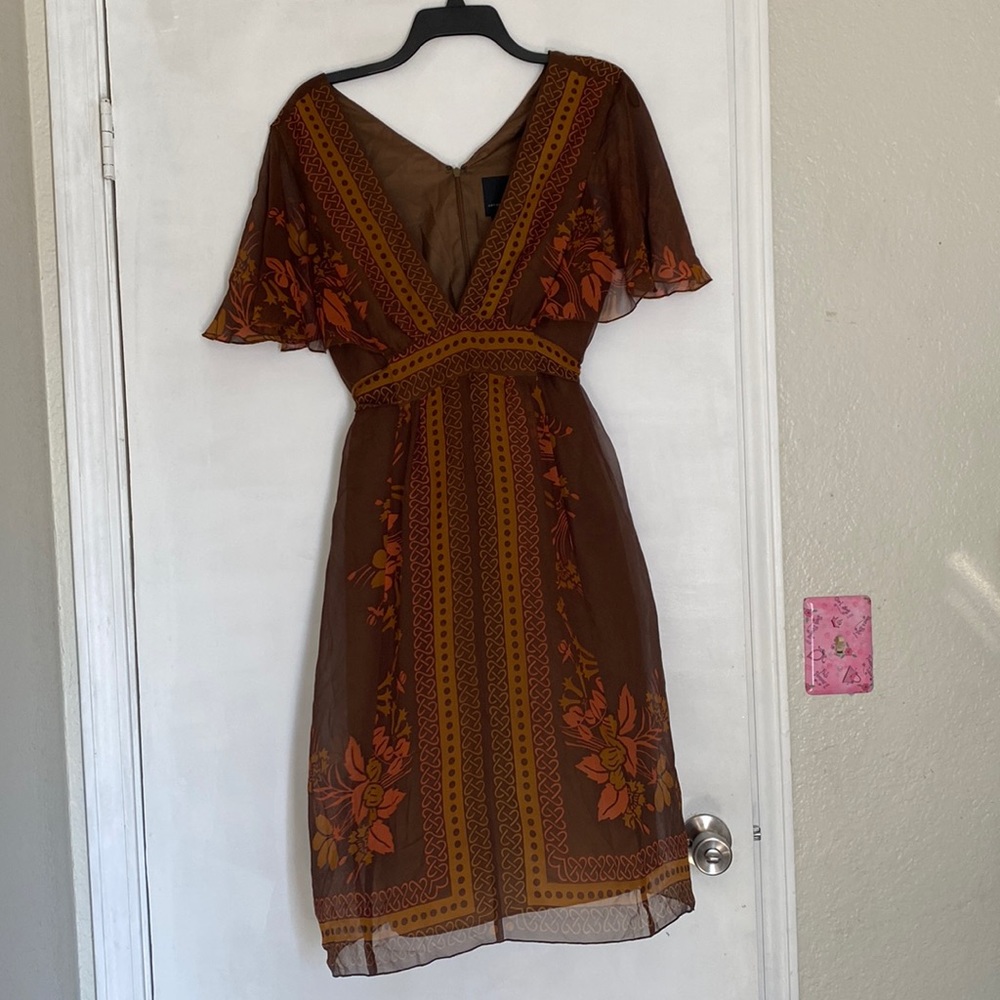 Anthropologie Brown & Mustard Floral Flutter Sleeve Midi Dress - Picture 2 of 5